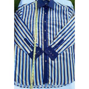 Steven Land XL Y2K Style Striped Dress Shirt Blue Contrast Collar Modern Fit
